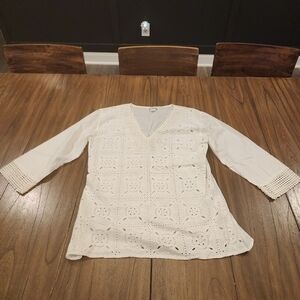 646 Main white eyelet embroidered short sleeve top tunic large 100% cotton